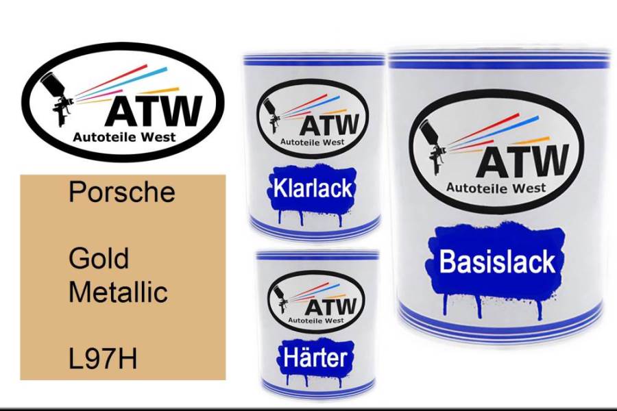 Porsche, Gold Metallic, L97H: 1L Lackdose + 1L Klarlack + 500ml Härter - Set, von ATW Autoteile West.